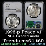 NGC 1923-p Peace Dollar $1 Graded ms64 by NGC