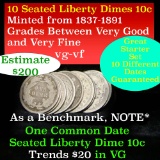 10 Seated Liberty Dimes, Starter Set, All Different Dates 10c Grades vg-vf