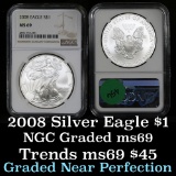 NGC 2008 Silver Eagle Dollar $1 Graded ms69 by NGC