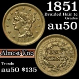 1851 Braided Hair Large Cent 1c Grades AU, Almost Unc