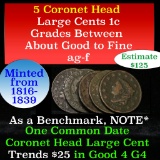 5 Coronet Head Large Cents 1c Grades ag-f