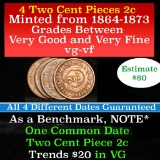 Four Two Cent Pieces, All Different Dates 2c Grades vg-vf
