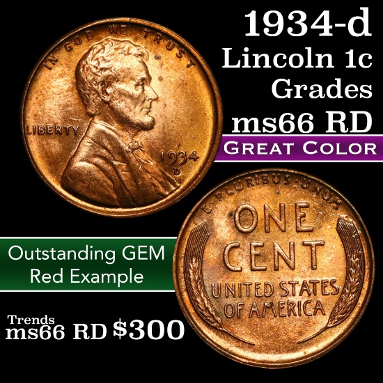1934-d Lincoln Cent 1c Grades GEM+ Unc RD