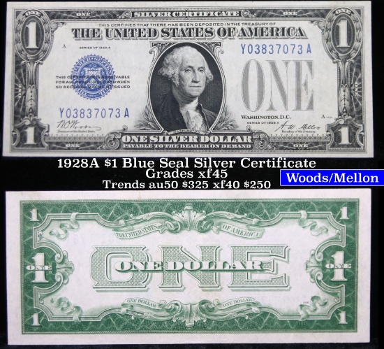 1928A $1 Blue Seal Silver Certificate Sigs Woods/Mellon Grades xf+ (fc)