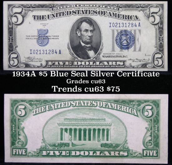 1934A $5 Blue Seal Silver Certificate Grades Select CU