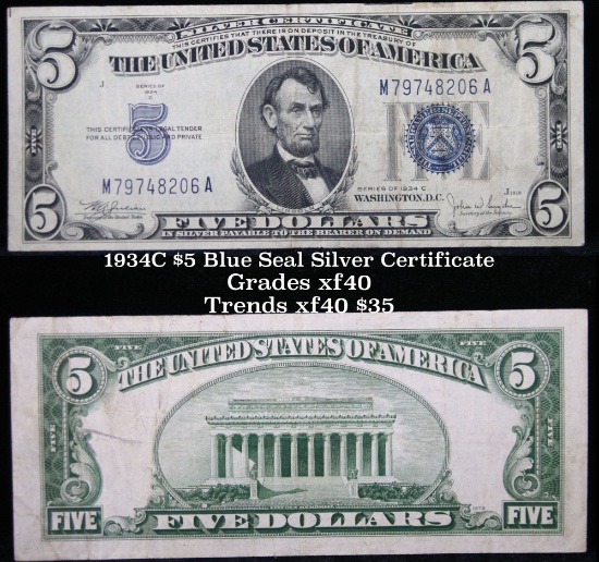 1934C $5 Blue Seal Silver Certificate Grades xf