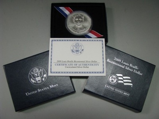 2009-p Louis Braille Proof Silver Commemorative $1 orig box w/coa