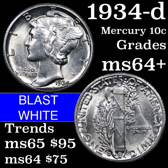 1934-d Mercury Dime 10c Grades Choice+ Unc