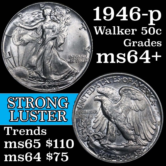 1946-p Walking Liberty Half Dollar 50c Grades Choice+ Unc