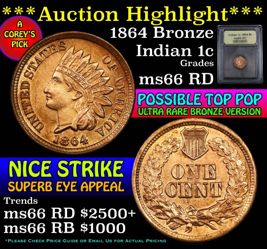 ***Auction Highlight*** TOP POP 1864 Bronze Indian Cent 1c Graded GEM+ Unc RD by USCG (fc)