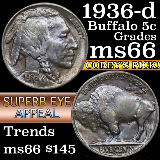 1936-d Buffalo Nickel 5c Grades GEM+ Unc