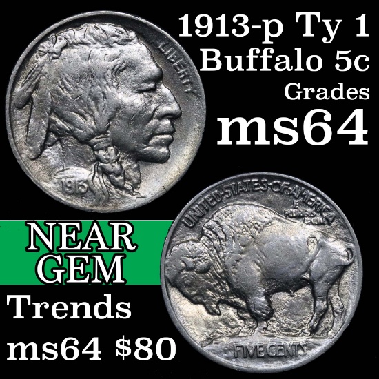 1913-p Ty I Buffalo Nickel 5c Grades Choice Unc