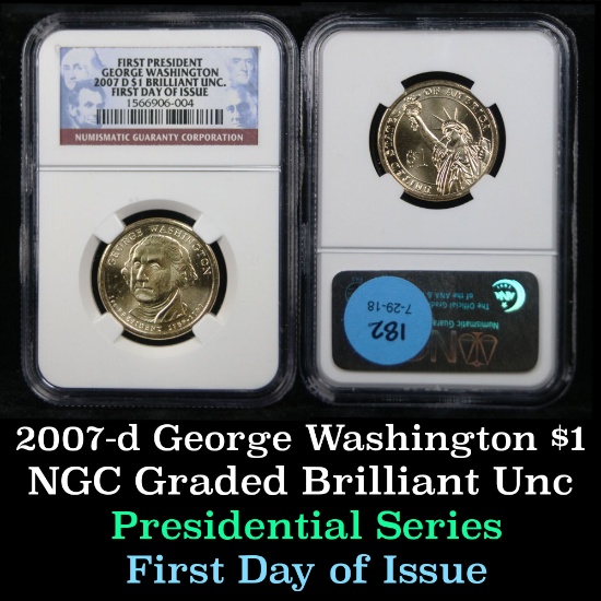 NGC 2007-d Washington Presidential Dollar $1 Graded Brilliant Unc (BU) by NGC