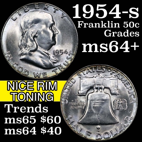 1954-s Franklin Half Dollar 50c Grades Choice+ Unc