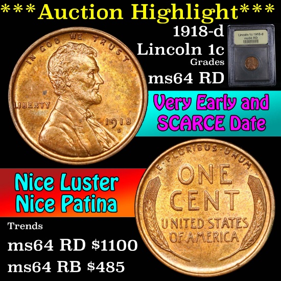 ***Auction Highlight*** 1918-d Lincoln Cent 1c Graded Choice Unc RD by USCG (fc)