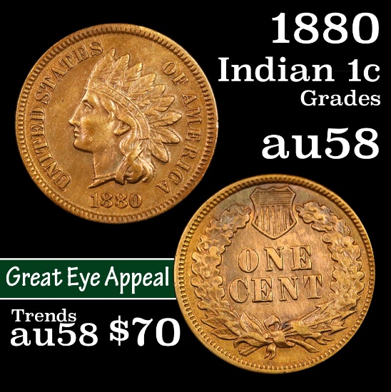 1880 Indian Cent 1c Grades Choice AU/BU Slider