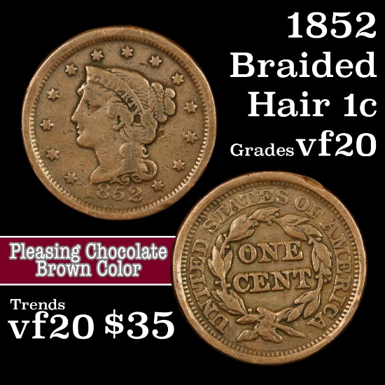 1852 Braided Hair Large Cent 1c Grades vf, very fine