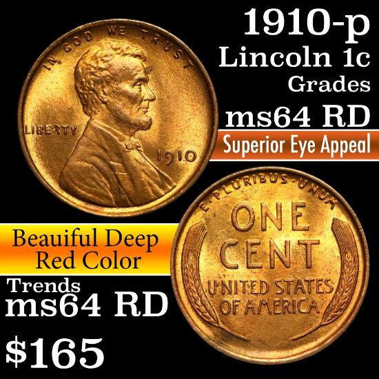 1910-p Lincoln Cent 1c Grades Choice Unc RD