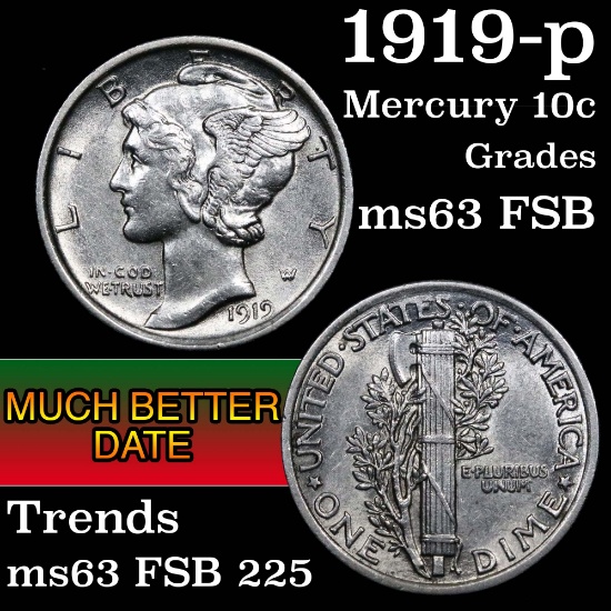 1919-p Mercury Dime 10c Grades Select Unc FSB