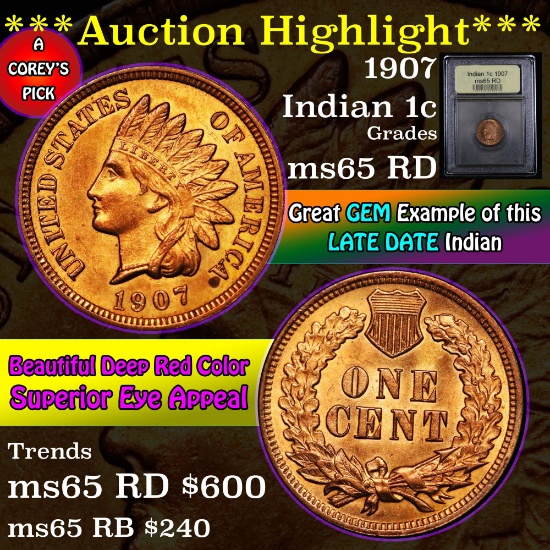 ***Auction Highlight*** 1907 Indian Cent 1c Graded GEM Unc RD by USCG (fc)