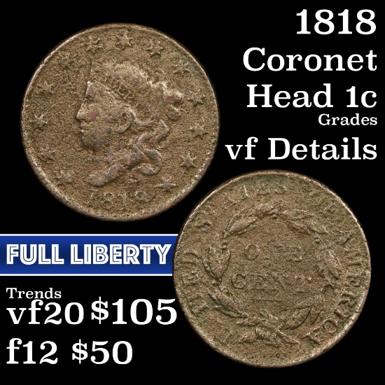 1818 Coronet Head Large Cent 1c Grades vf details