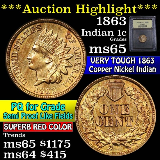 ***Auction Highlight*** 1863 Indian Cent 1c Graded GEM Unc by USCG (fc)