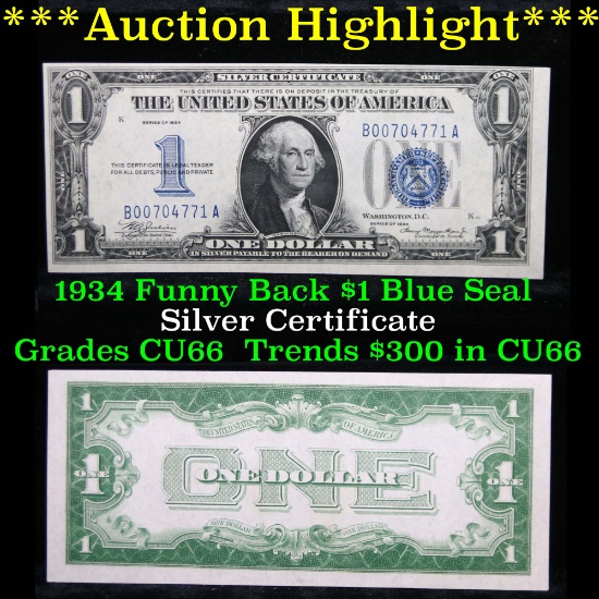 ***Auction Highlight*** 1934 Funny Back $1 Blue Seal Silver Certificate Grades Gem+ CU (fc)