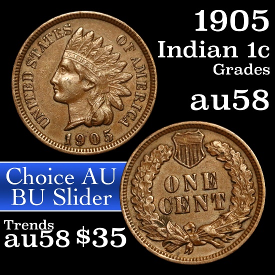 1905 Indian Cent 1c Grades Choice AU/BU Slider