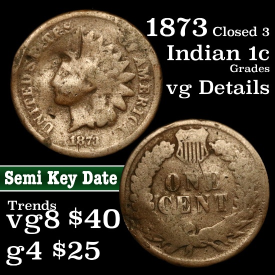 1873 Closed 3 Indian Cent 1c Grades vg details