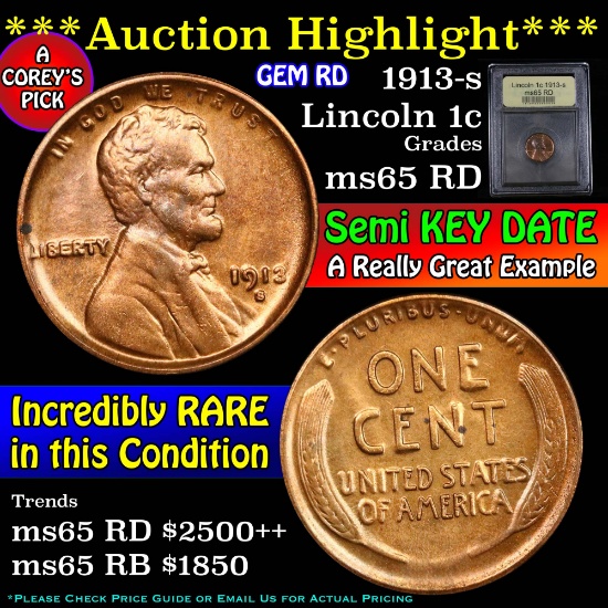 ***Auction Highlight*** 1913-s Lincoln Cent 1c Graded GEM Unc RD by USCG (fc)