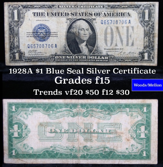 1928A $1 Blue Seal Silver Certificate Sigs Woods/Mellon Grades f+