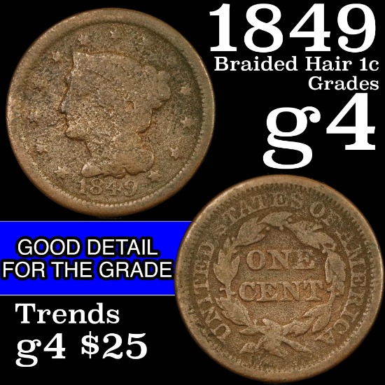 1849 Braided Hair Large Cent 1c Grades g, good