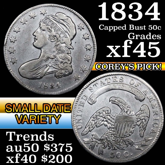 1834 Capped Bust Half Dollar 50c Grades xf+