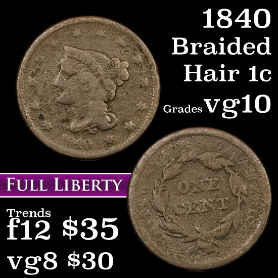 1840 Braided Hair Large Cent 1c Grades vg+
