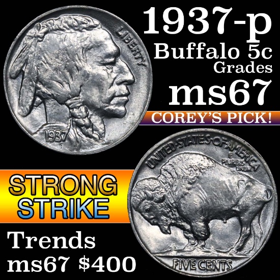 1937-p Buffalo Nickel 5c Grades GEM++ Unc (fc)