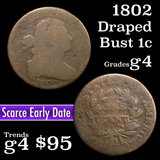 1802 Draped Bust Large Cent 1c Grades g, good