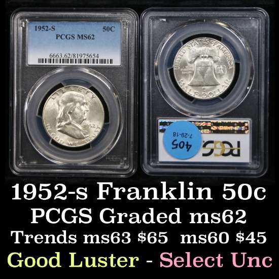 PCGS 1952-s Franklin Half Dollar 50c Graded ms62 by PCGS