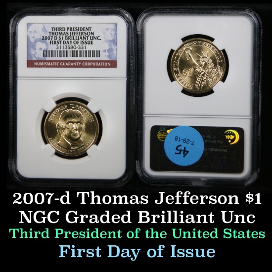 NGC 2007-d Jefferson Presidential Dollar $1 Graded Brilliant Unc (BU) by NGC