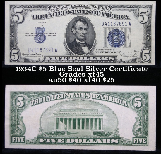 1934C $5 Blue Seal Silver Certificate Grades xf+