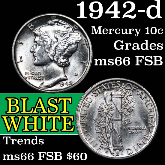 1942-d Mercury Dime 10c Grades GEM+ FSB