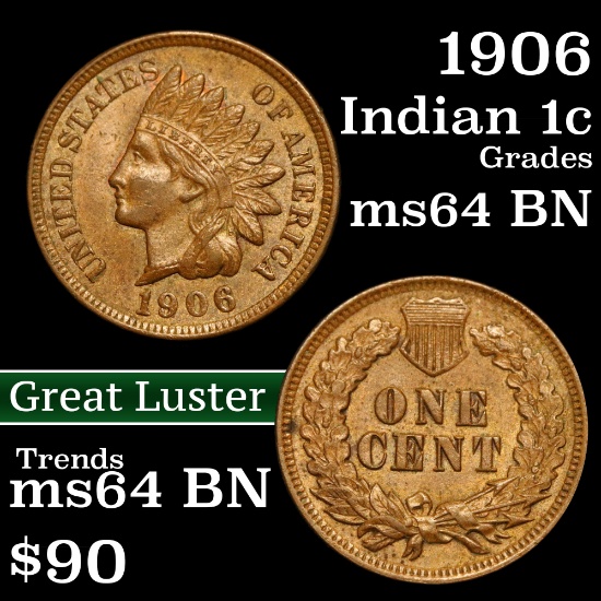 1906 Indian Cent 1c Grades Choice Unc BN