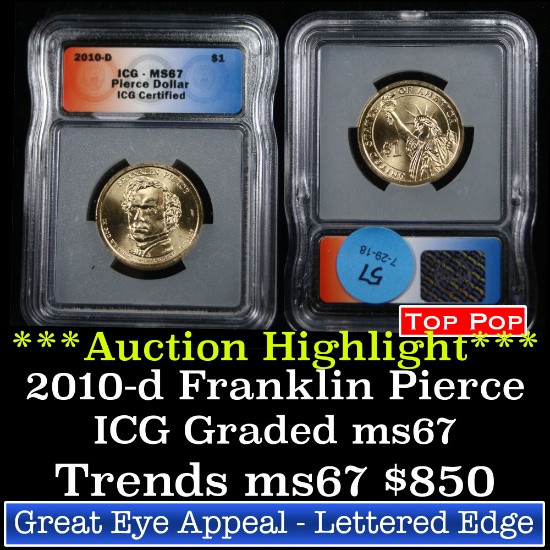 ***Auction Highlight*** TOP POP 2010-d Pierce Presidential Dollar $1 Graded ms67 by ICG (fc)