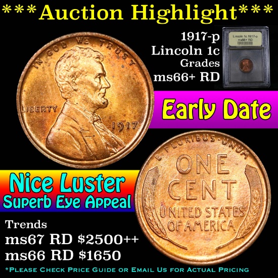***Auction Highlight*** 1917-p Lincoln Cent 1c Graded GEM++ RD by USCG (fc)