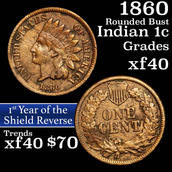 1860 Rounded Bust Indian Cent 1c Grades xf