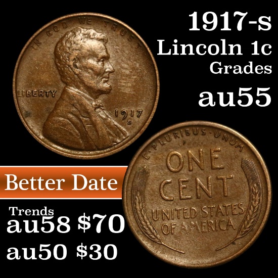 1917-s Lincoln Cent 1c Grades Choice AU
