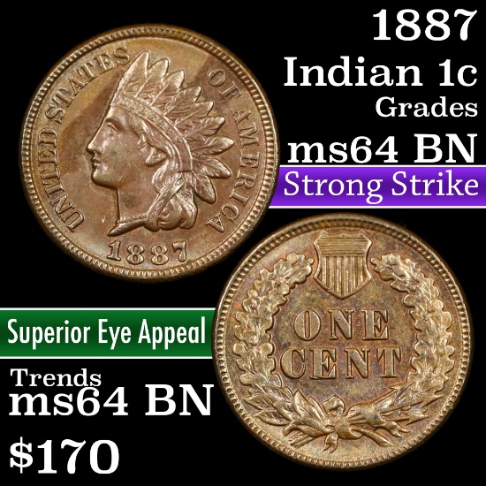1887 Indian Cent 1c Grades Choice Unc BN