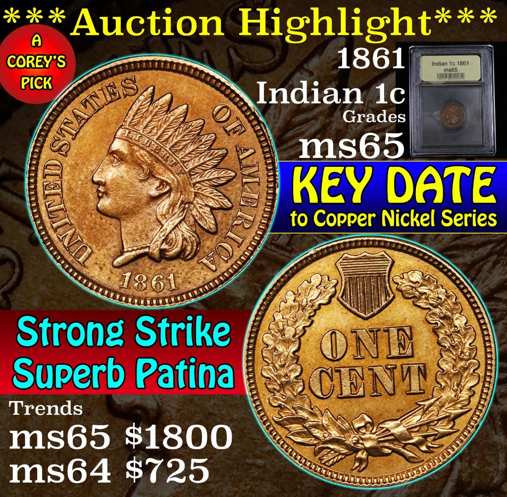 ***Auction Highlight*** 1861 Indian Cent 1c Graded GEM Unc by USCG (fc)