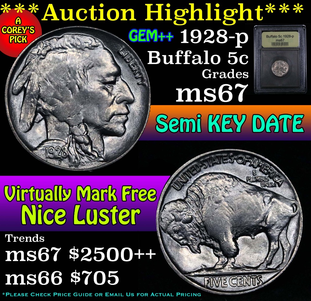 ***Auction Highlight*** 1928-p Buffalo Nickel 5c Graded GEM++ Unc by USCG (fc)
