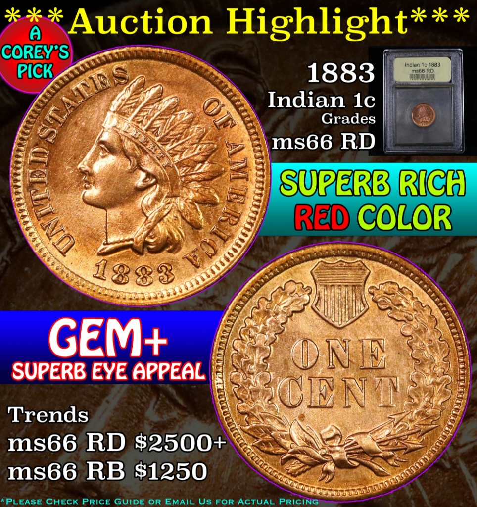 ***Auction Highlight*** 1883 Indian Cent 1c Graded GEM+ Unc RD by USCG (fc)