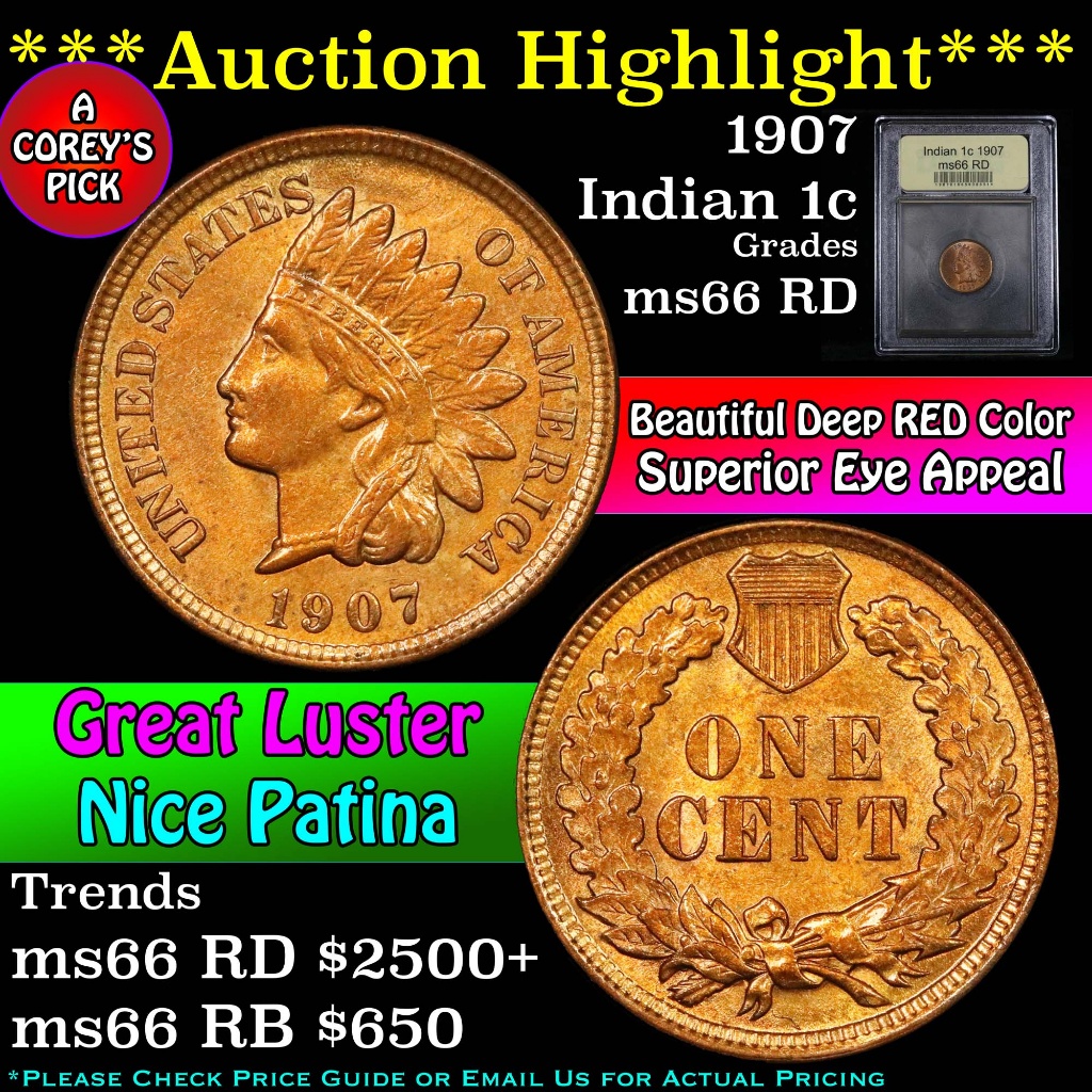 ***Auction Highlight*** 1907 Indian Cent 1c Graded GEM+ Unc RD by USCG (fc)